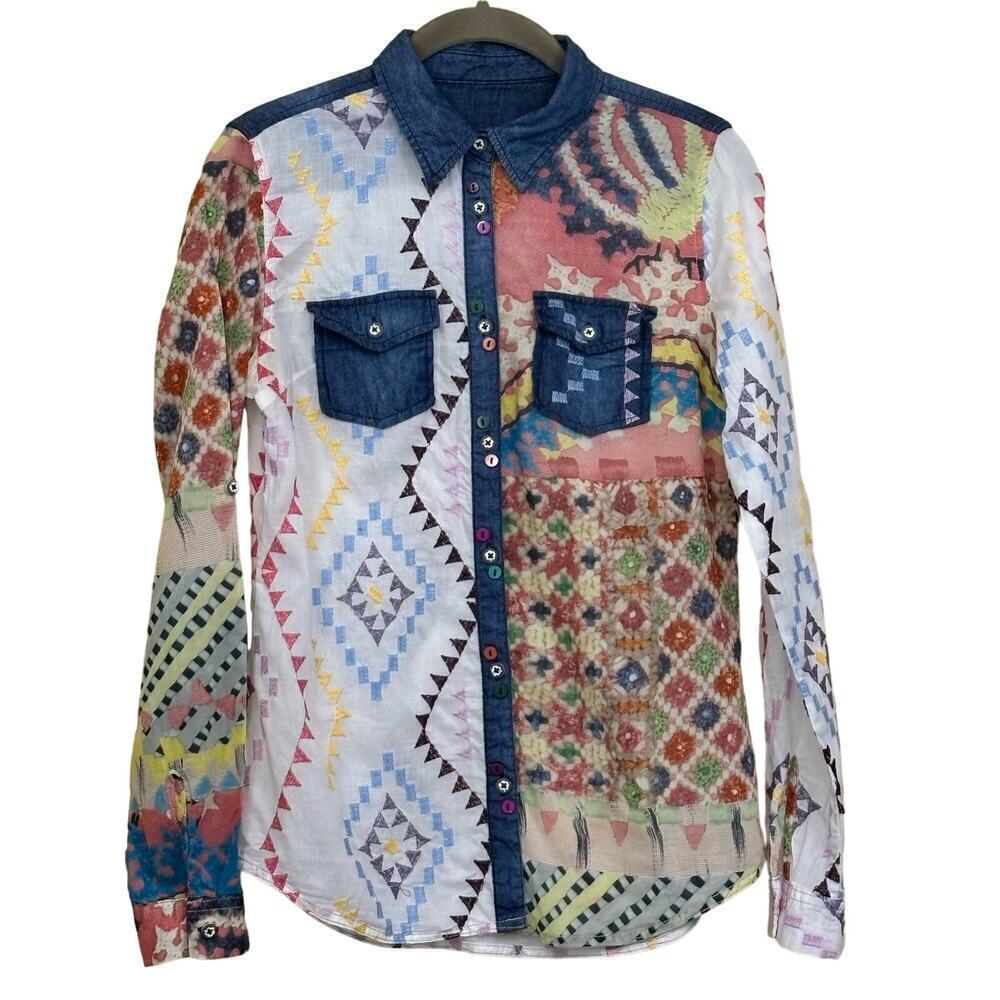Desigual Multicolor Geometric & Floral Patchwork Shirt with Denim Trim